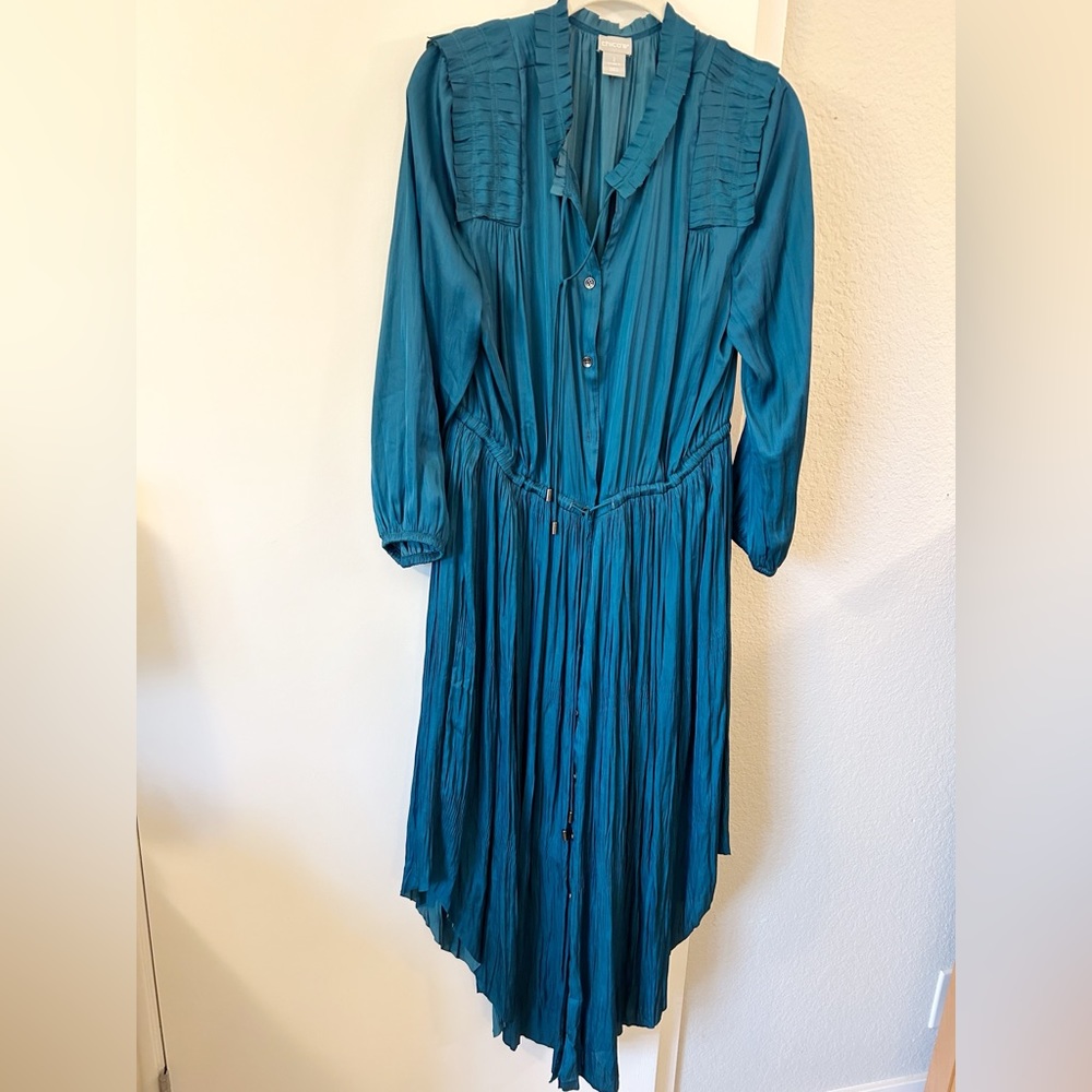 Chicos Crinkle Pleat Teal Midi Lightweight Dress Size 2 US L/12